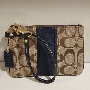 Coach Signature Tan and Navy Wristlet